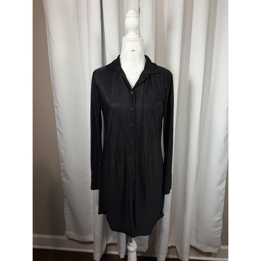 Jolie & Joy Black Plisse Pleated Button Down Shirt Dress Swim Cover Up Small